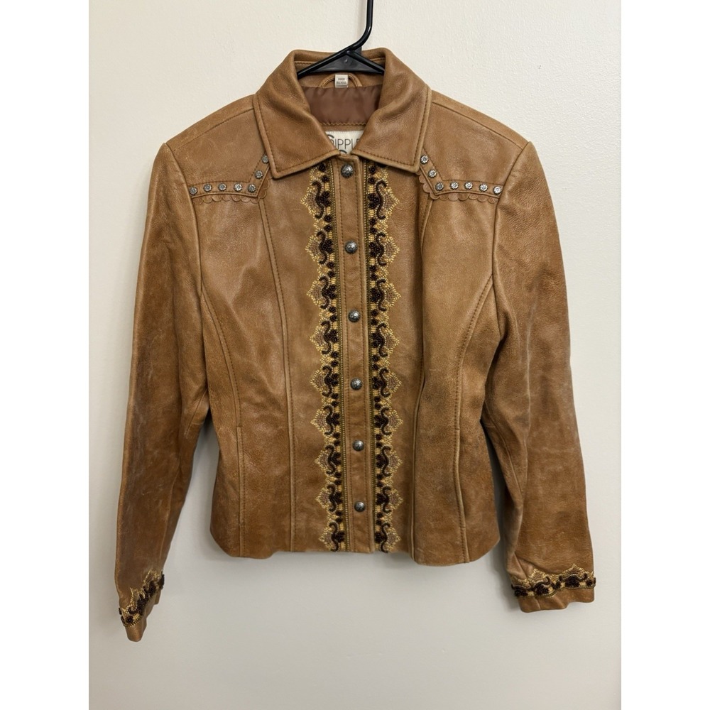 Cripple Creek Tan Leather Western Jacket Embroidered Studded Beaded Women's M